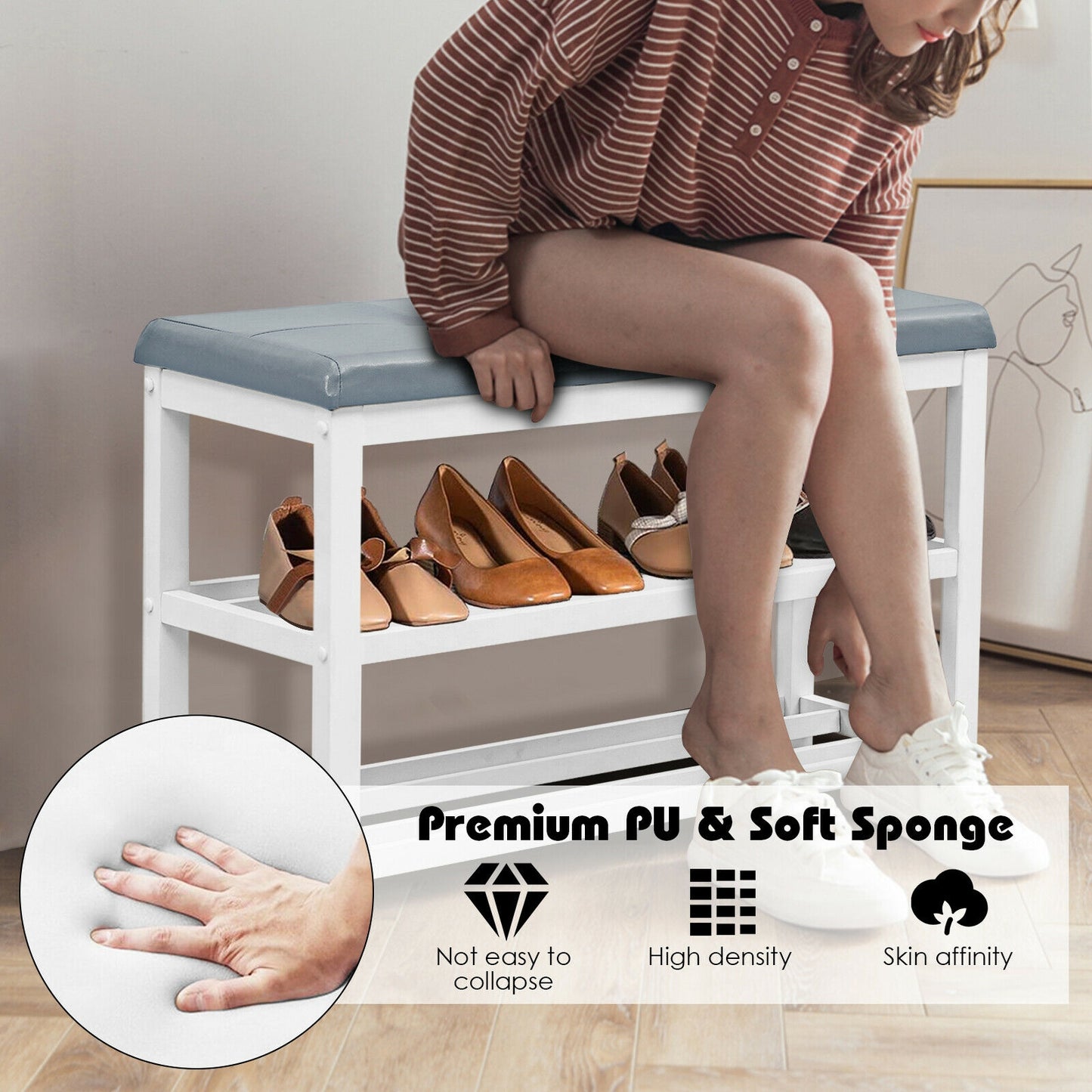 2-Tier Wooden Shoe Rack Bench with Padded Seat-Brown