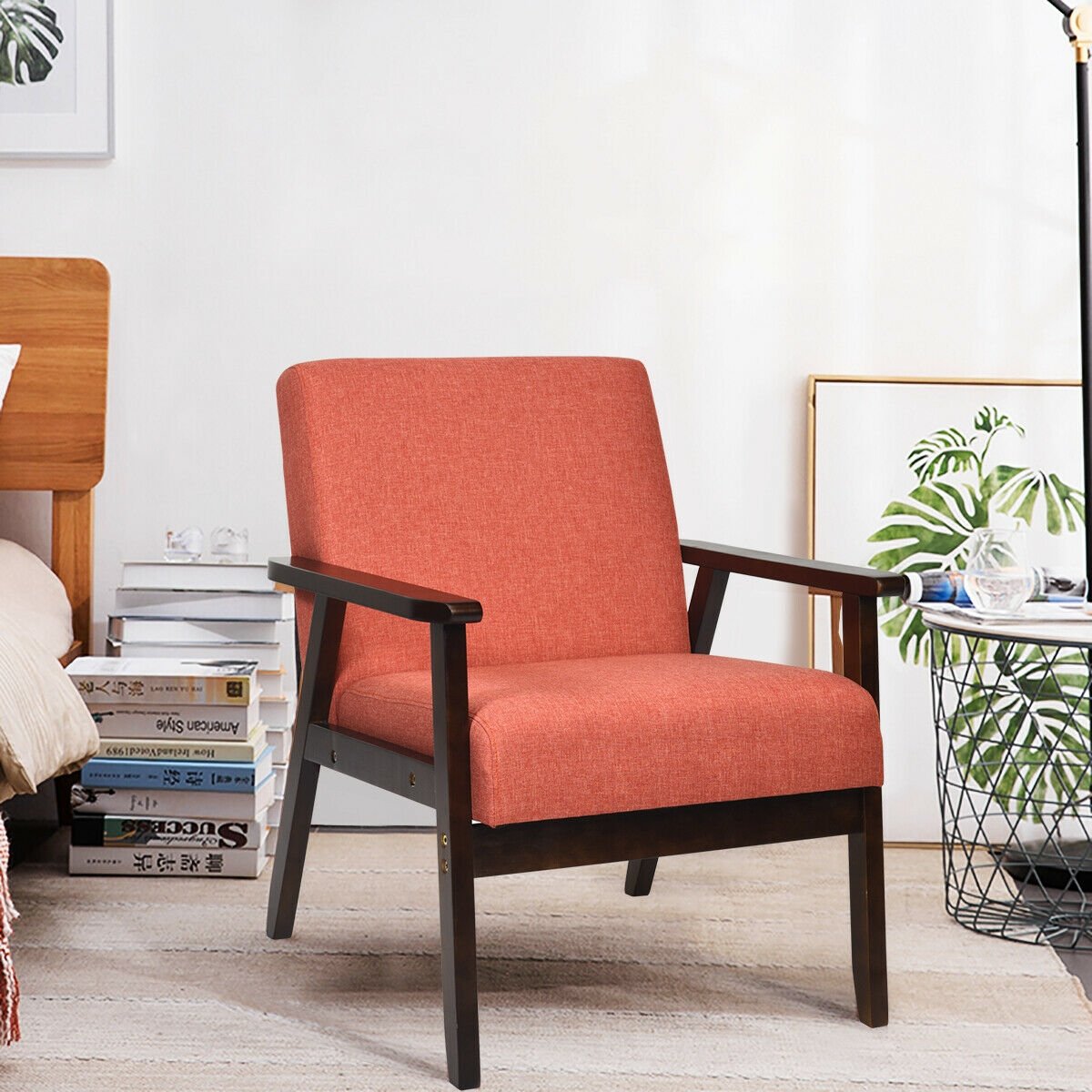 Solid Rubber Wood Fabric Accent Armchair-Beige