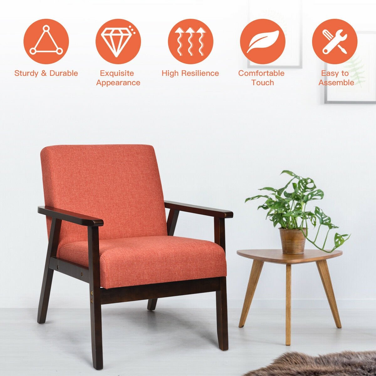 Solid Rubber Wood Fabric Accent Armchair-Beige