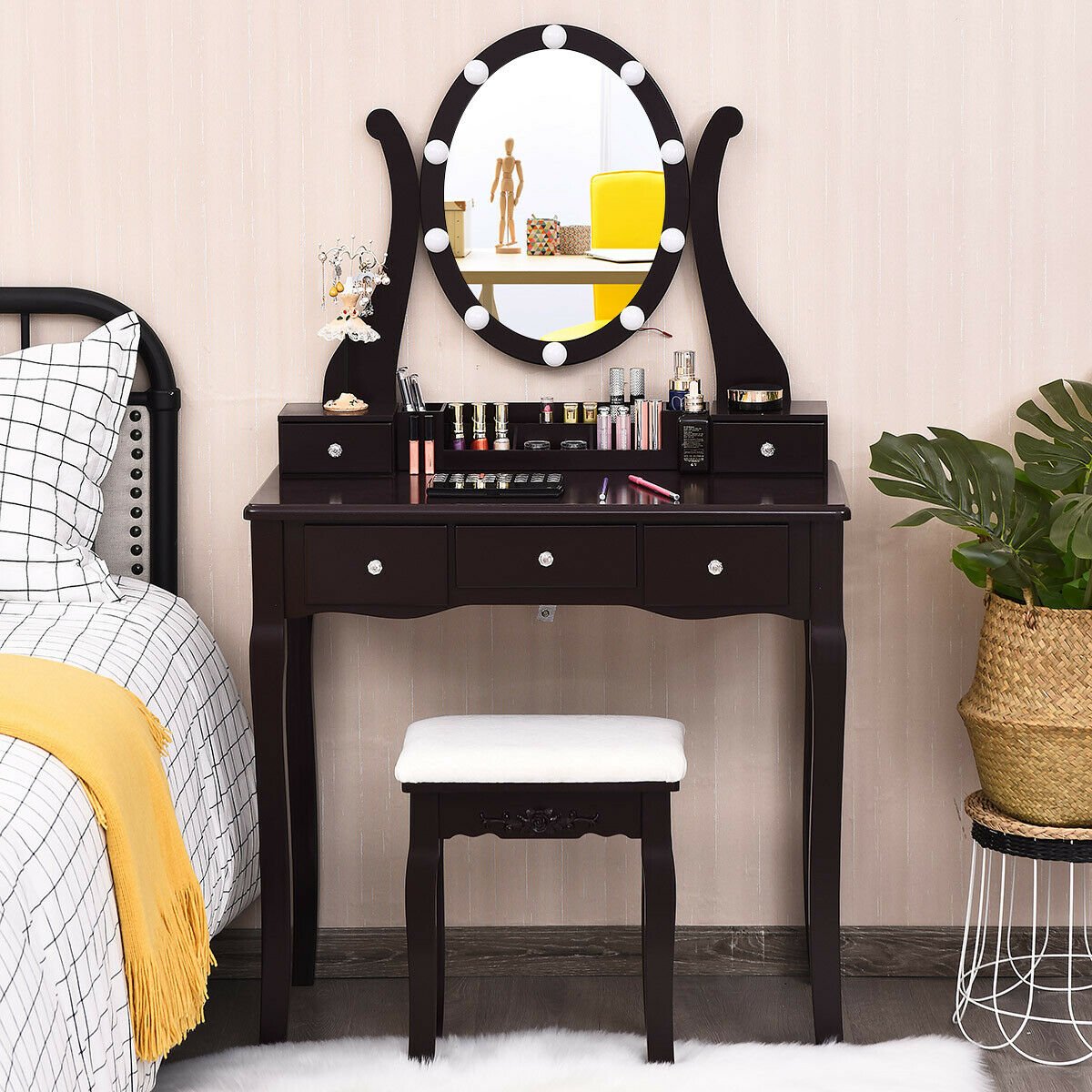 10 Dimmable Lights Vanity Table Set with Lighted Mirror and Cushioned Stool-Black