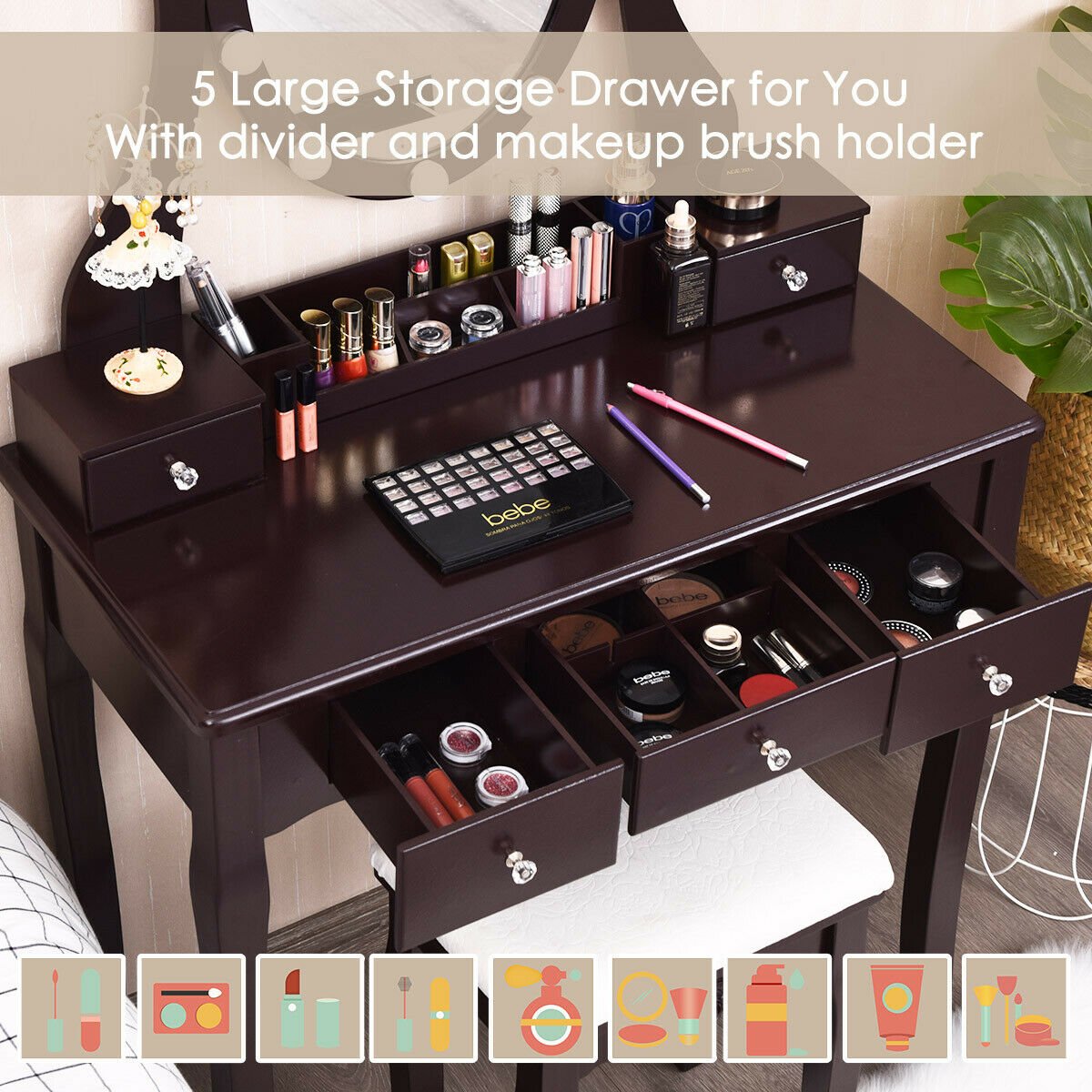 10 Dimmable Lights Vanity Table Set with Lighted Mirror and Cushioned Stool-Black