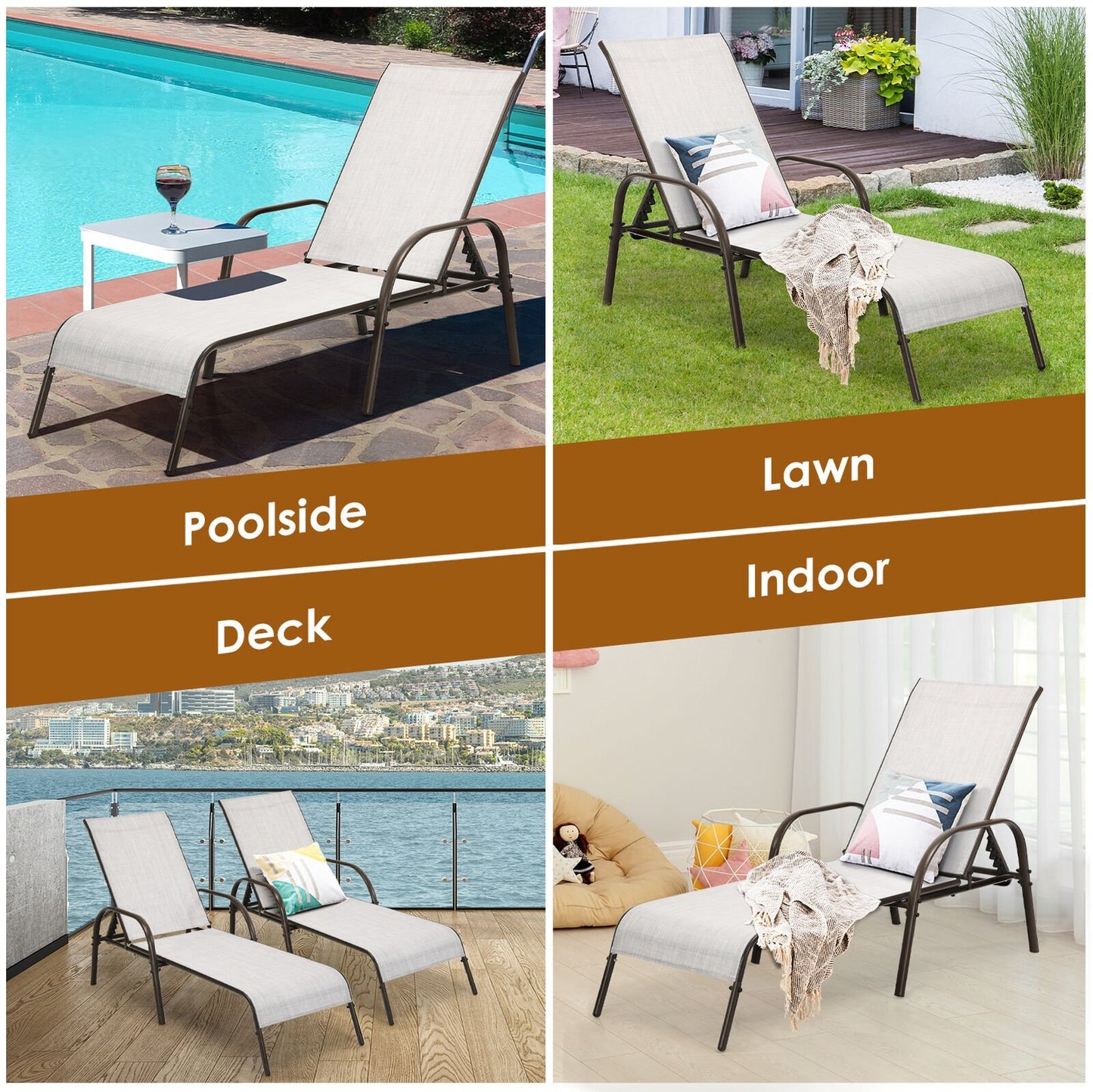 2 Pieces Outdoor Patio Lounge Chair Chaise Fabric with Adjustable Reclining Armrest-Black