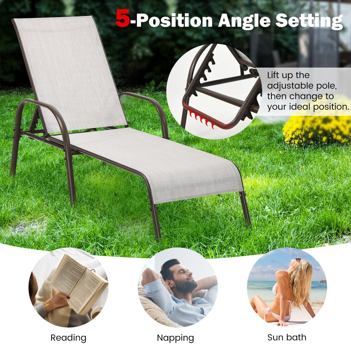 Adjustable Patio Chaise Folding Lounge Chair with Backrest-Black