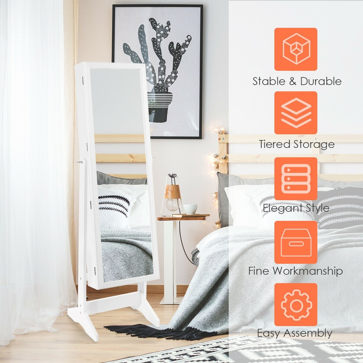 Jewelry Cabinet Stand Mirror Armoire with Large Storage Box-Black