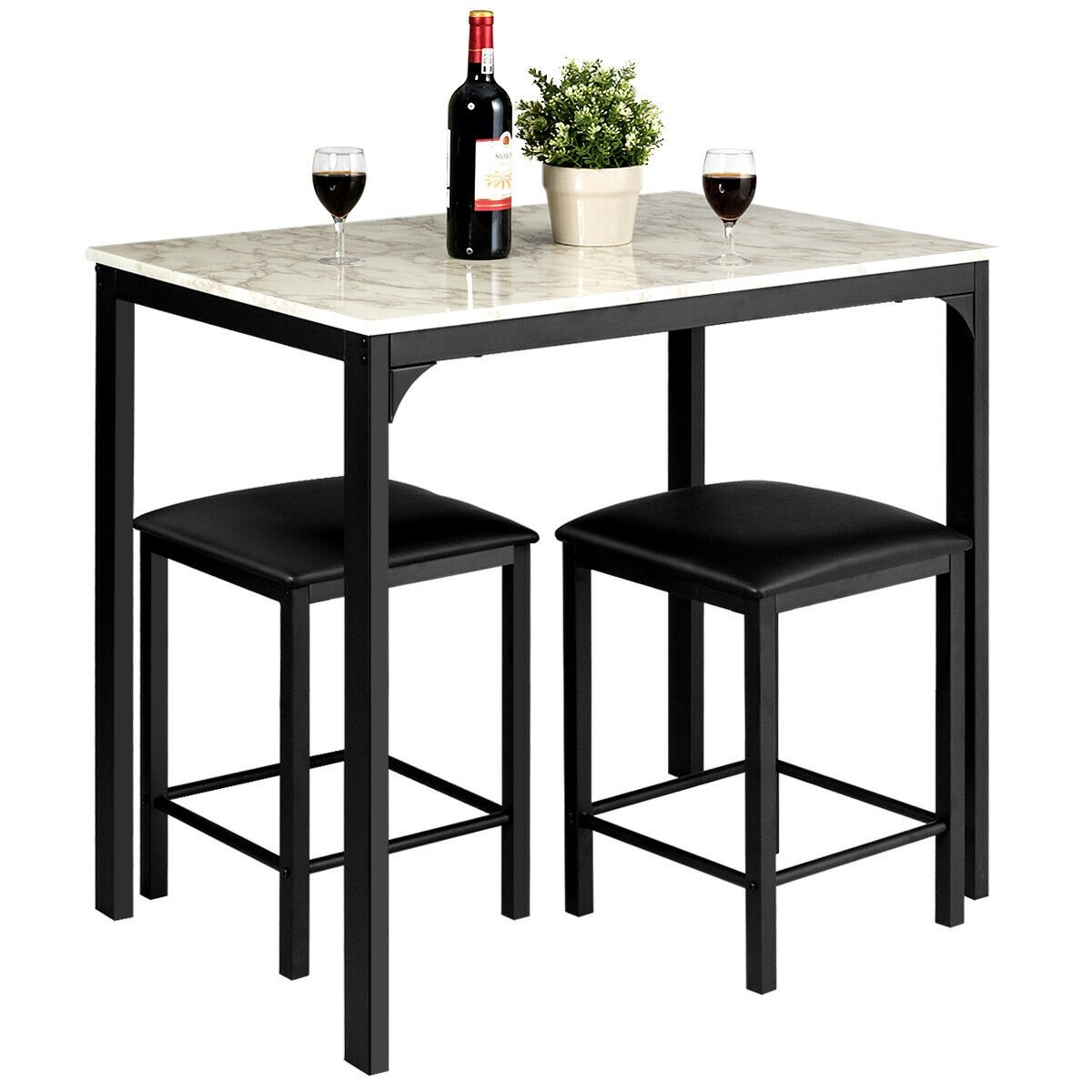 3 Pieces Counter Height Dining Set Faux Marble Table-Black