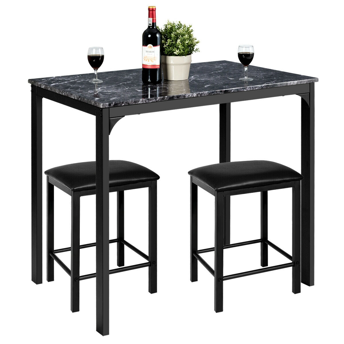3 Pieces Counter Height Dining Set Faux Marble Table-Black