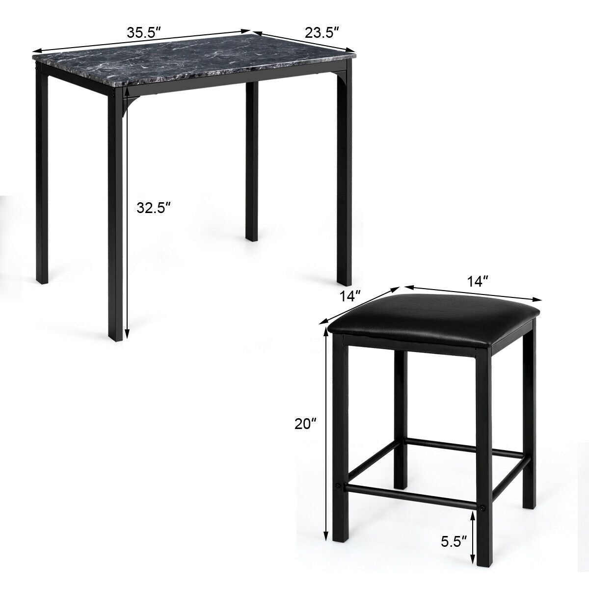 3 Pieces Counter Height Dining Set Faux Marble Table-Black