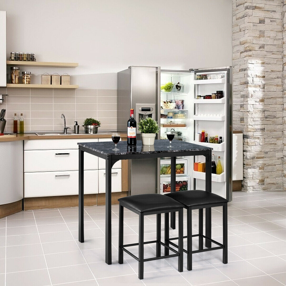 3 Pieces Counter Height Dining Set Faux Marble Table-Black