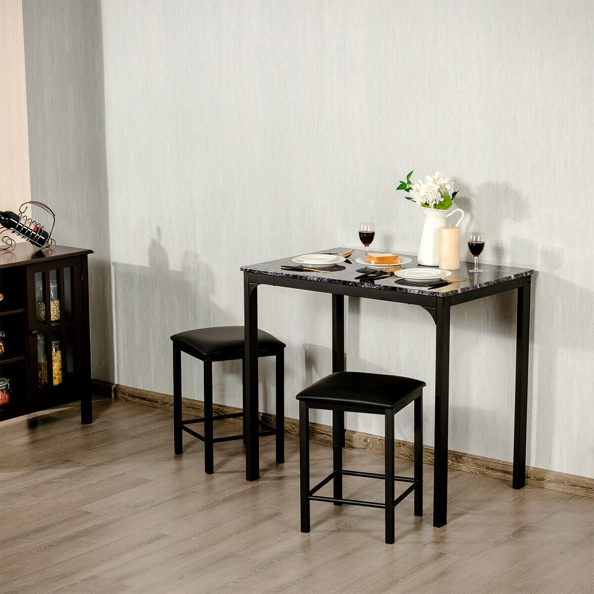 3 Pieces Counter Height Dining Set Faux Marble Table-Black