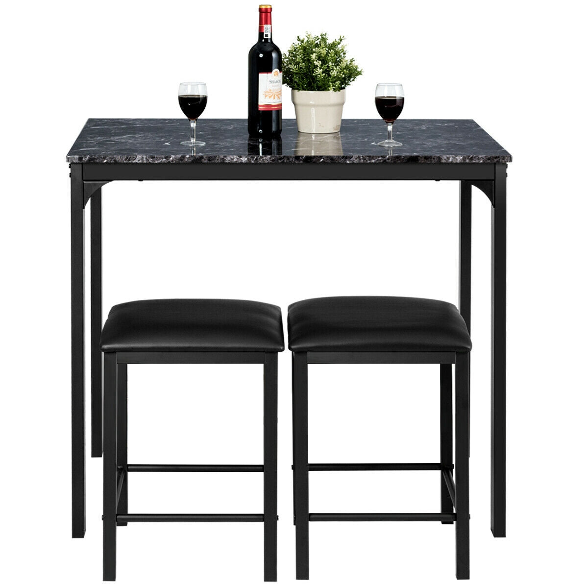 3 Pieces Counter Height Dining Set Faux Marble Table-Black