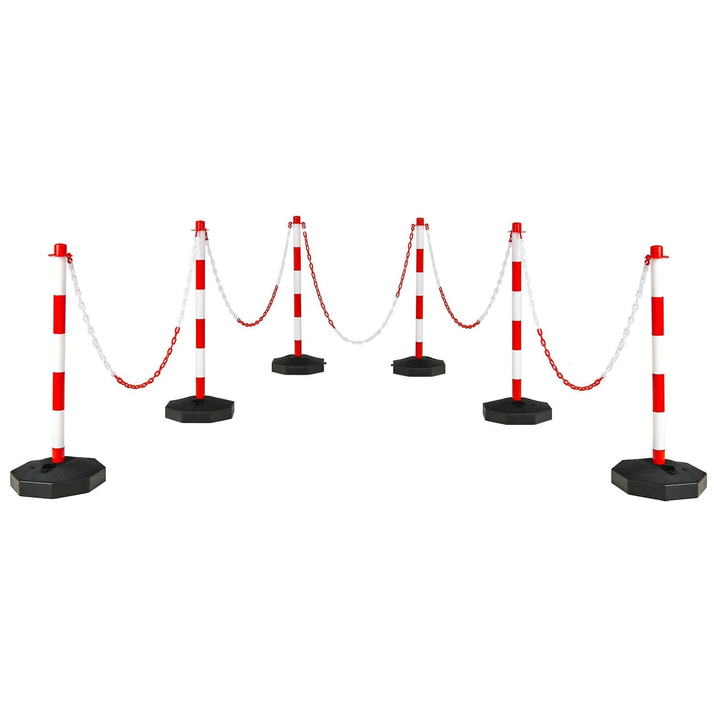6 Pack 34 Inch Traffic Delineator Poles with 5 Feet Chains and Fillable Base-White