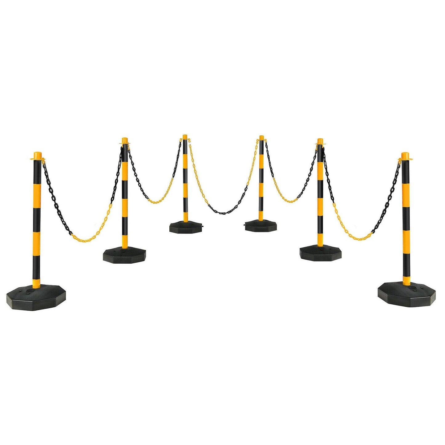6 Pack 34 Inch Traffic Delineator Poles with 5 Feet Chains and Fillable Base-White