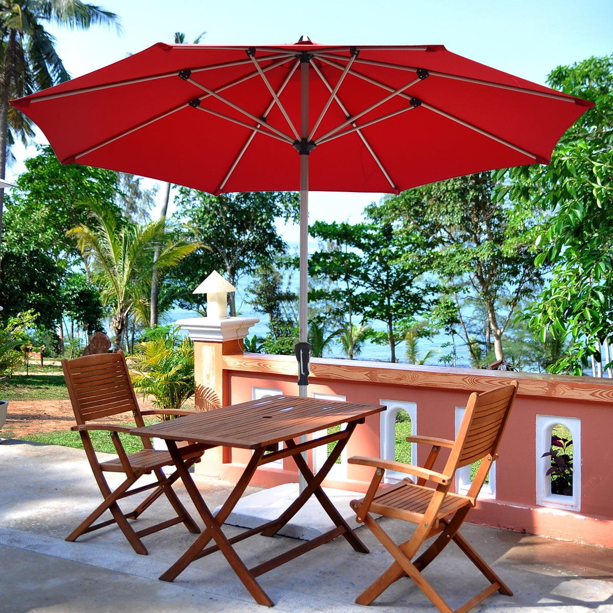 9 Feet Patio Outdoor Market Umbrella with Aluminum Pole without Weight Base-Burgundy