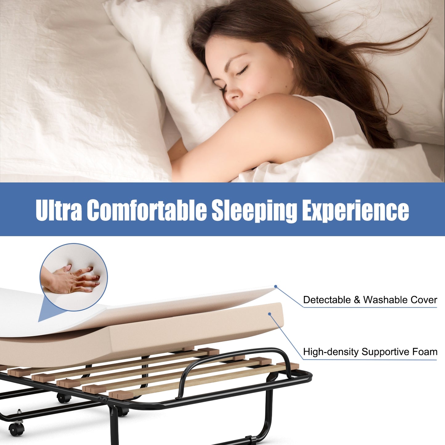 Portable Folding Bed with Memory Foam Mattress and Sturdy Metal Frame Made in Italy-Beige