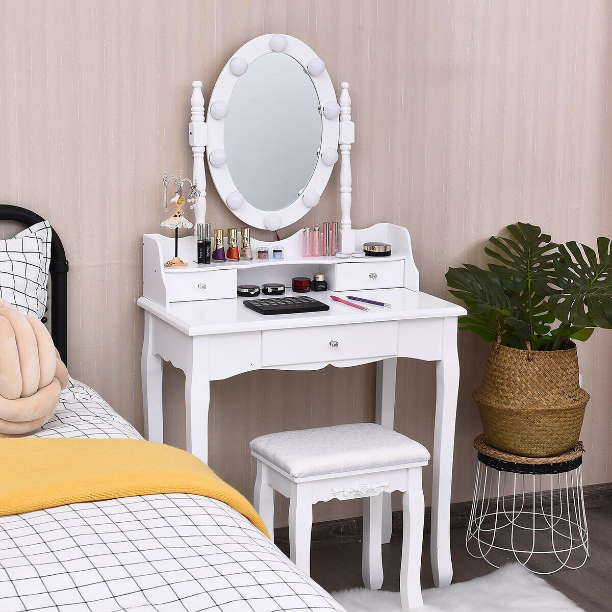 Oval Mirror Vanity Set with 10 LED Dimmable Bulbs and 3 Drawers-White
