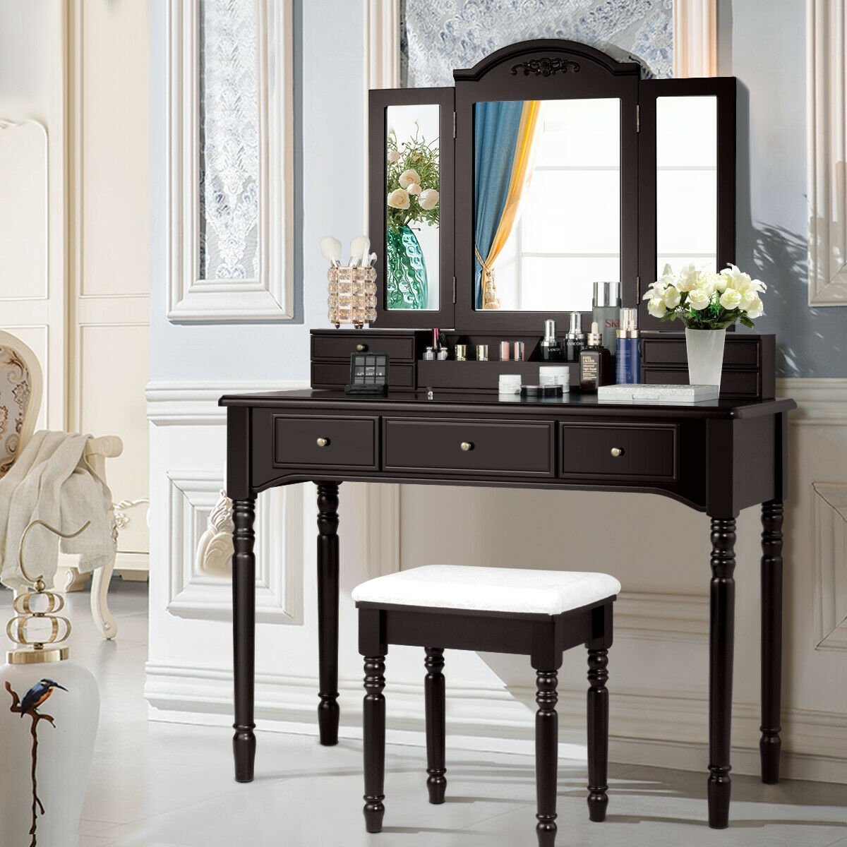 Makeup Dressing Table with Tri-Folding Mirror and Cushioned Stool for Women-Brown