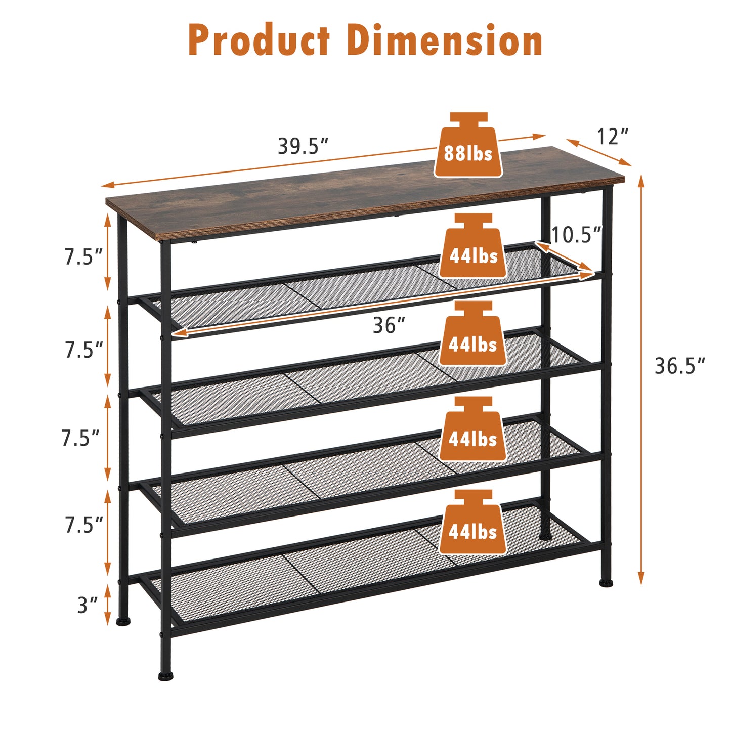 Industrial Adjustable 5-Tier Metal Shoe Rack with 4 Shelves for 16-20 Pairs