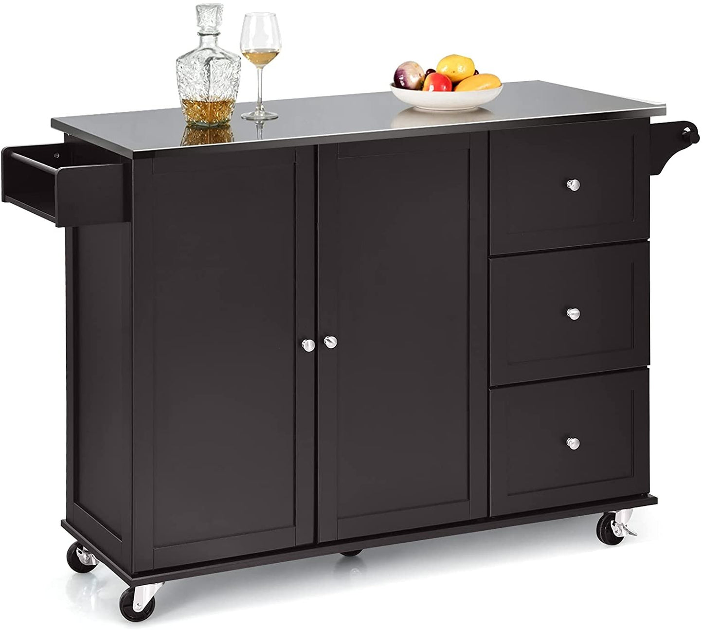 Kitchen Island 2-Door Storage Cabinet with Stainless Steel Top and Drawers-Black