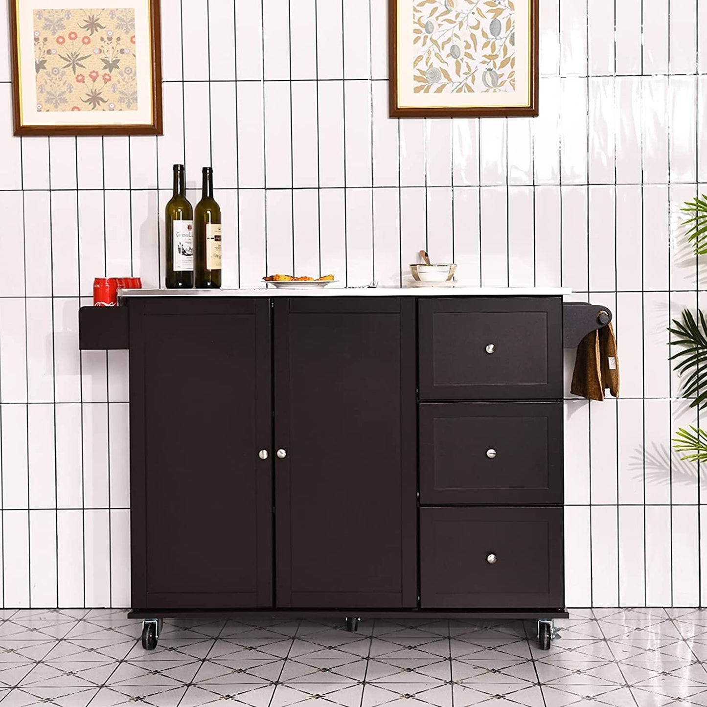 Kitchen Island 2-Door Storage Cabinet with Stainless Steel Top and Drawers-Black