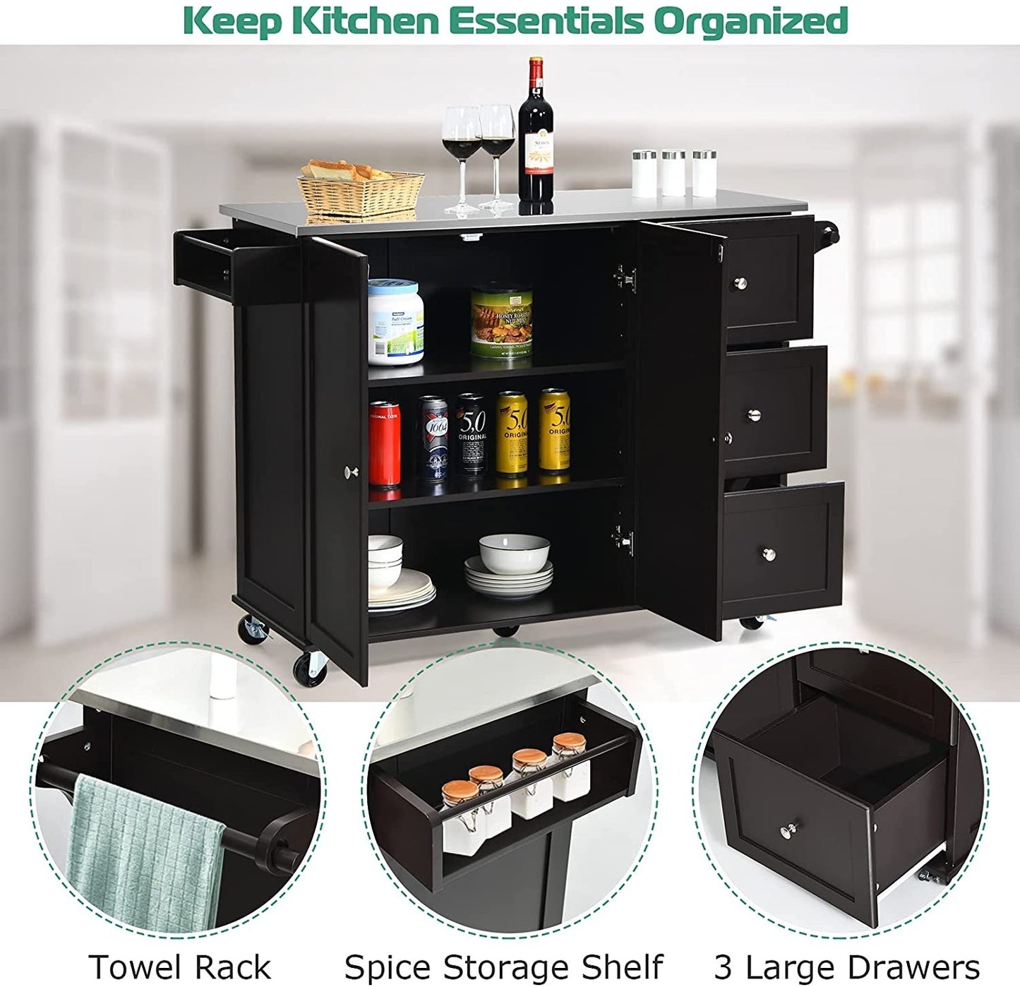 Kitchen Island 2-Door Storage Cabinet with Stainless Steel Top and Drawers-Black