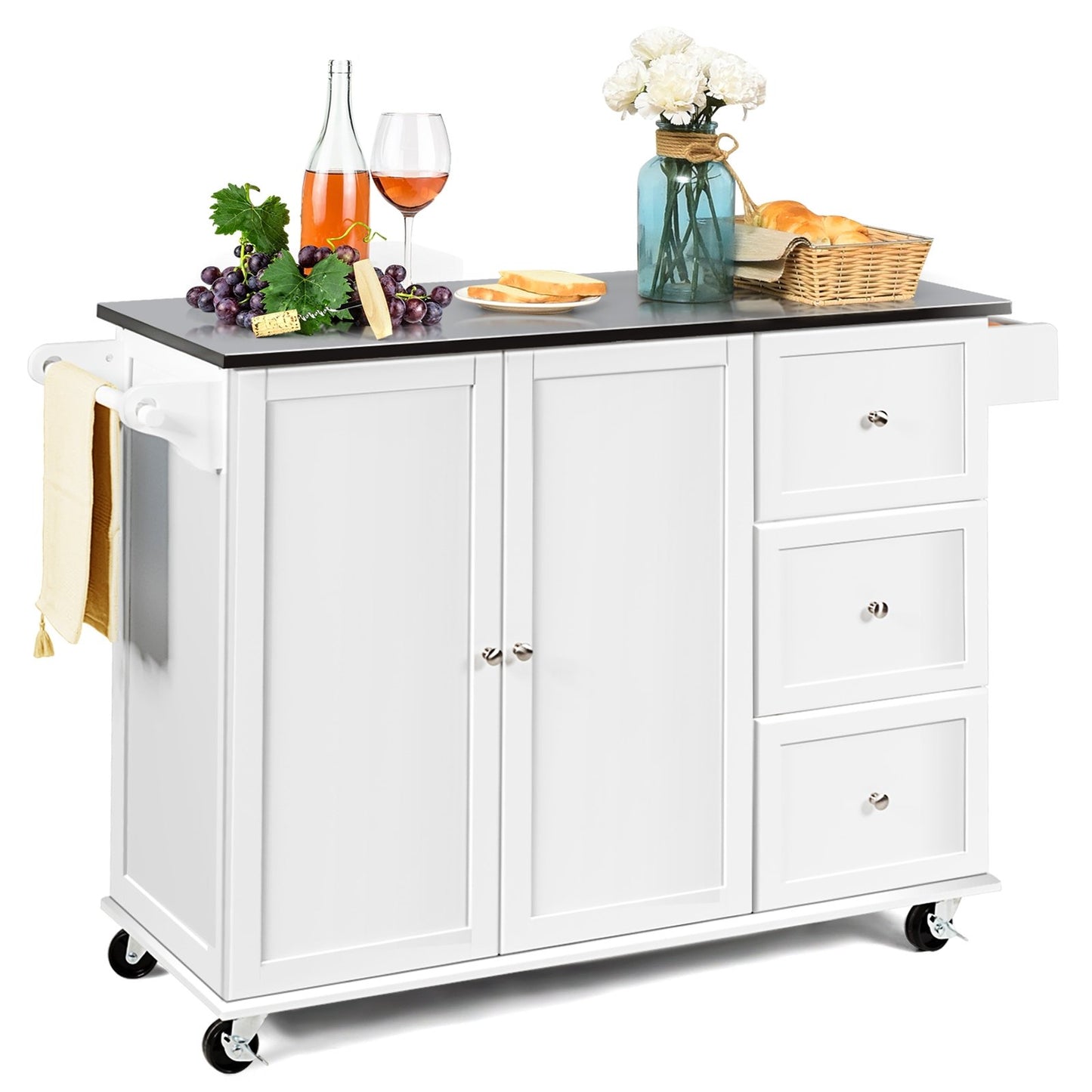 Kitchen Island 2-Door Storage Cabinet with Stainless Steel Top and Drawers-Black