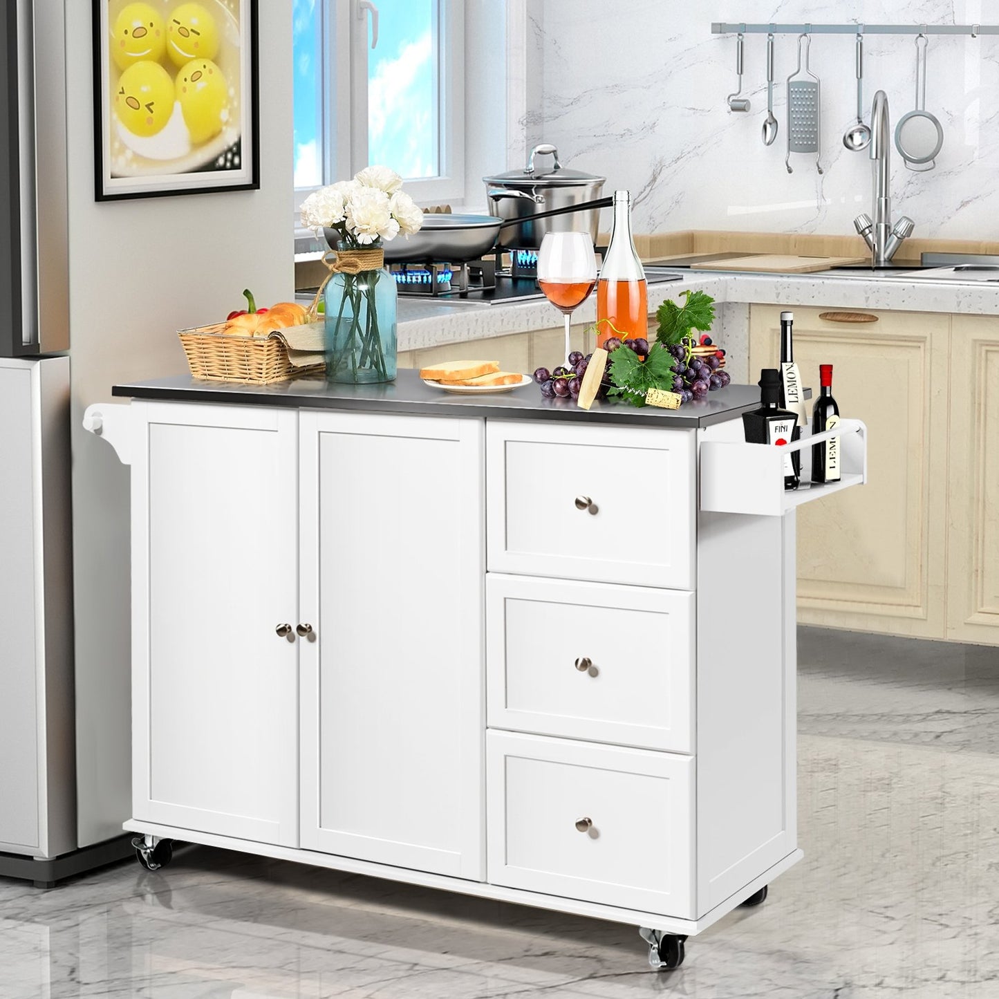 Kitchen Island 2-Door Storage Cabinet with Stainless Steel Top and Drawers-Black