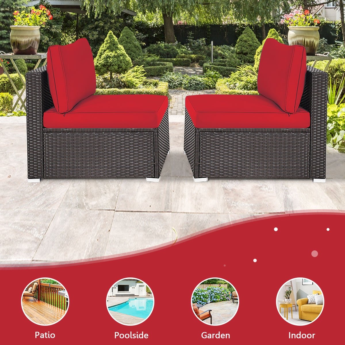 2 Pieces Patio Rattan Armless Sofa Set with 2 Cushions and 2 Pillows-Black