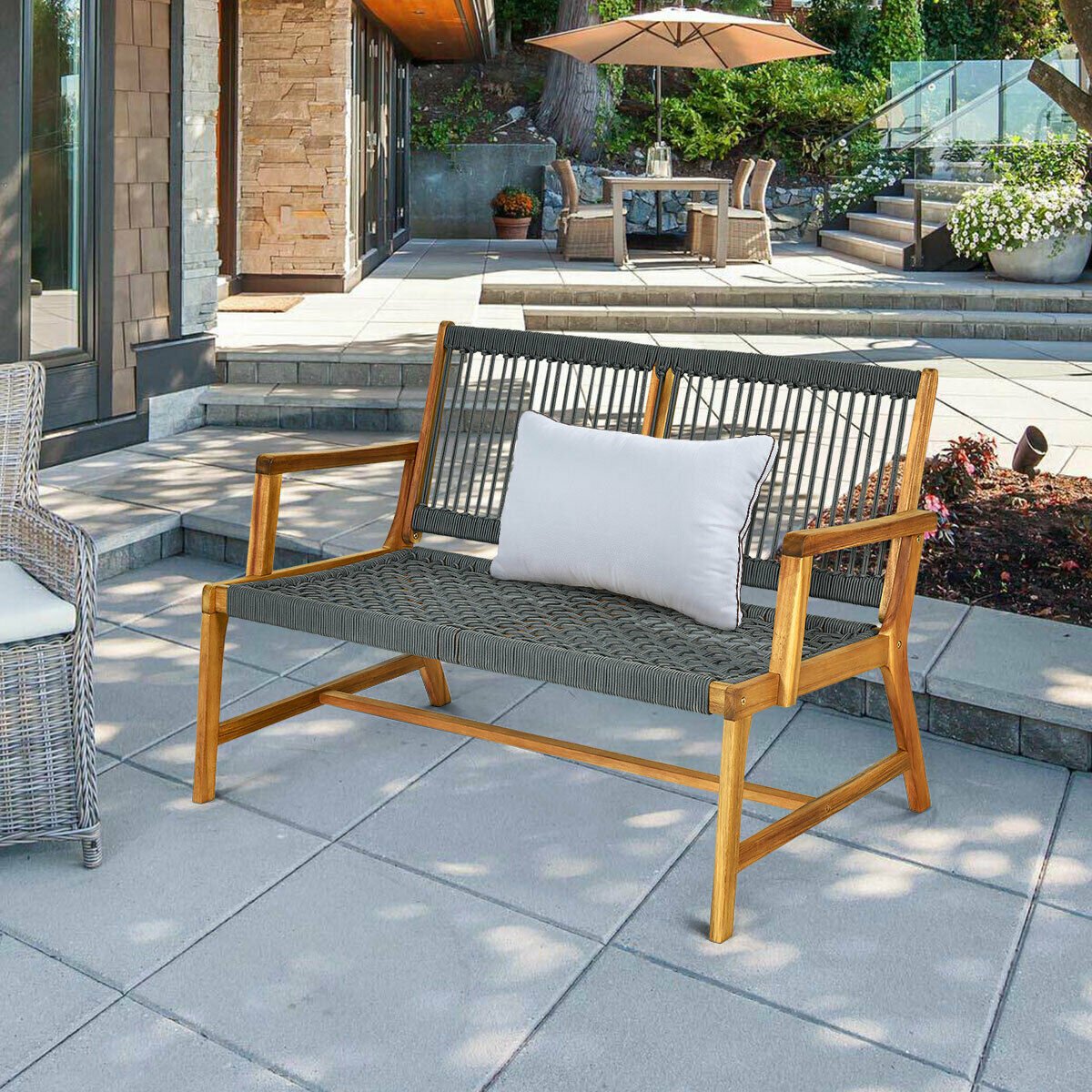 2-Person Acacia Wood Yard Bench for Balcony and Patio-Black
