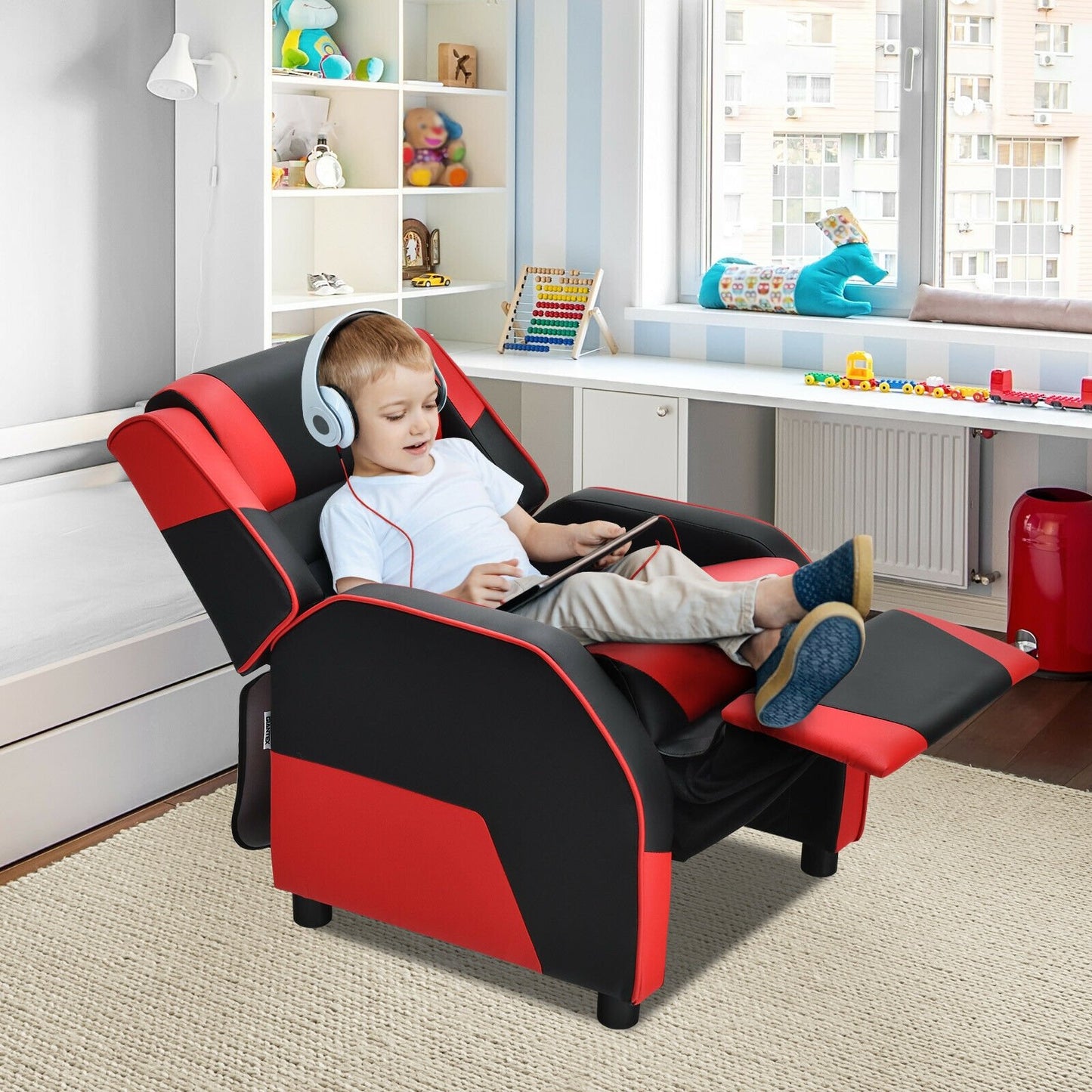 Kids Youth PU Leather Gaming Sofa Recliner with Headrest and Footrest-Blue
