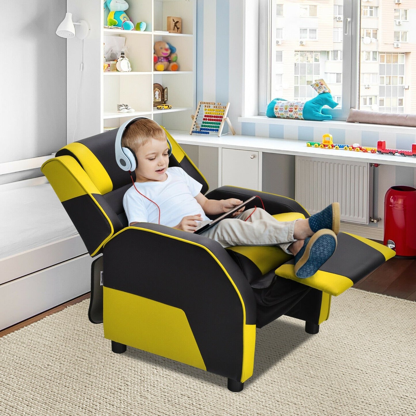 Kids Youth PU Leather Gaming Sofa Recliner with Headrest and Footrest-Blue