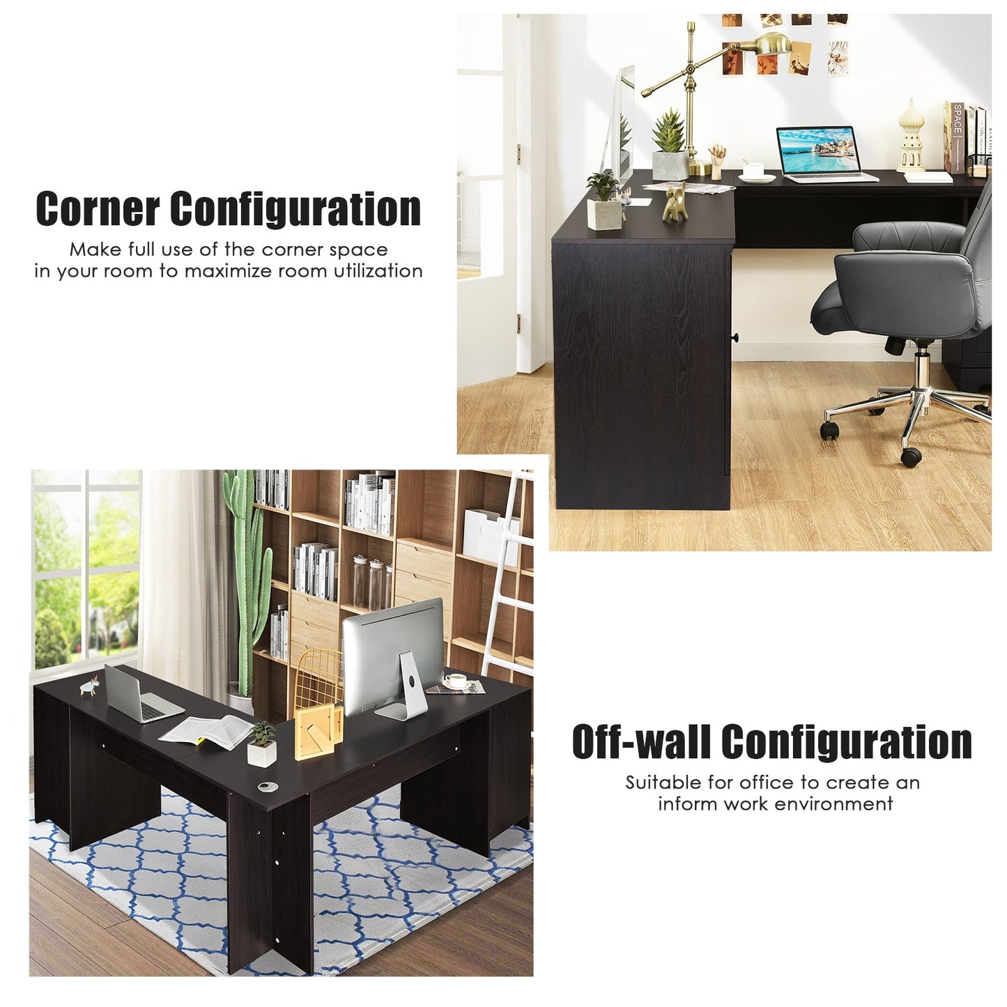 66 Inch L-Shaped Writing Study Workstation Computer Desk with Drawers-Black