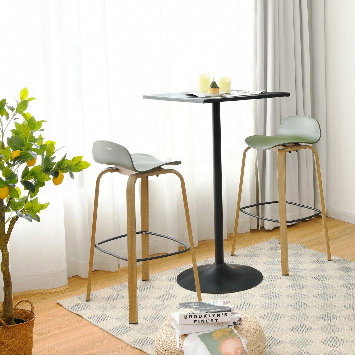 Set of 2 Modern Barstools Pub Chairs with Low Back and Metal Legs-Black