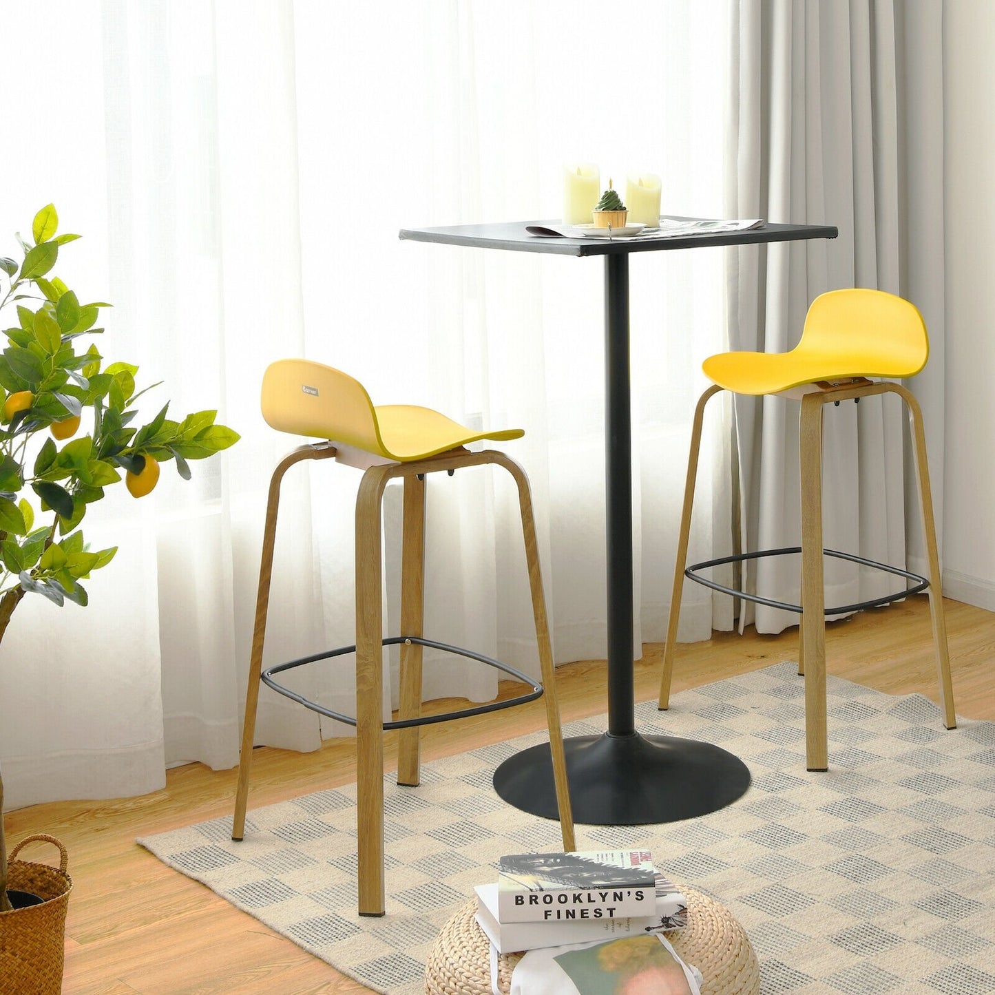 Set of 2 Modern Barstools Pub Chairs with Low Back and Metal Legs-Black