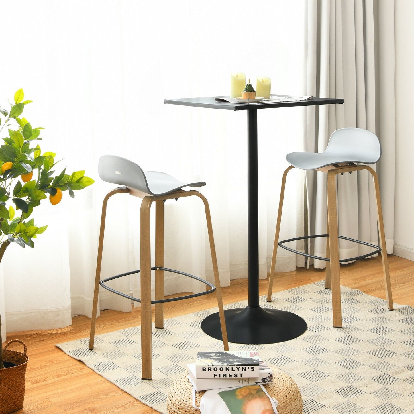 Set of 2 Modern Barstools Pub Chairs with Low Back and Metal Legs-Black