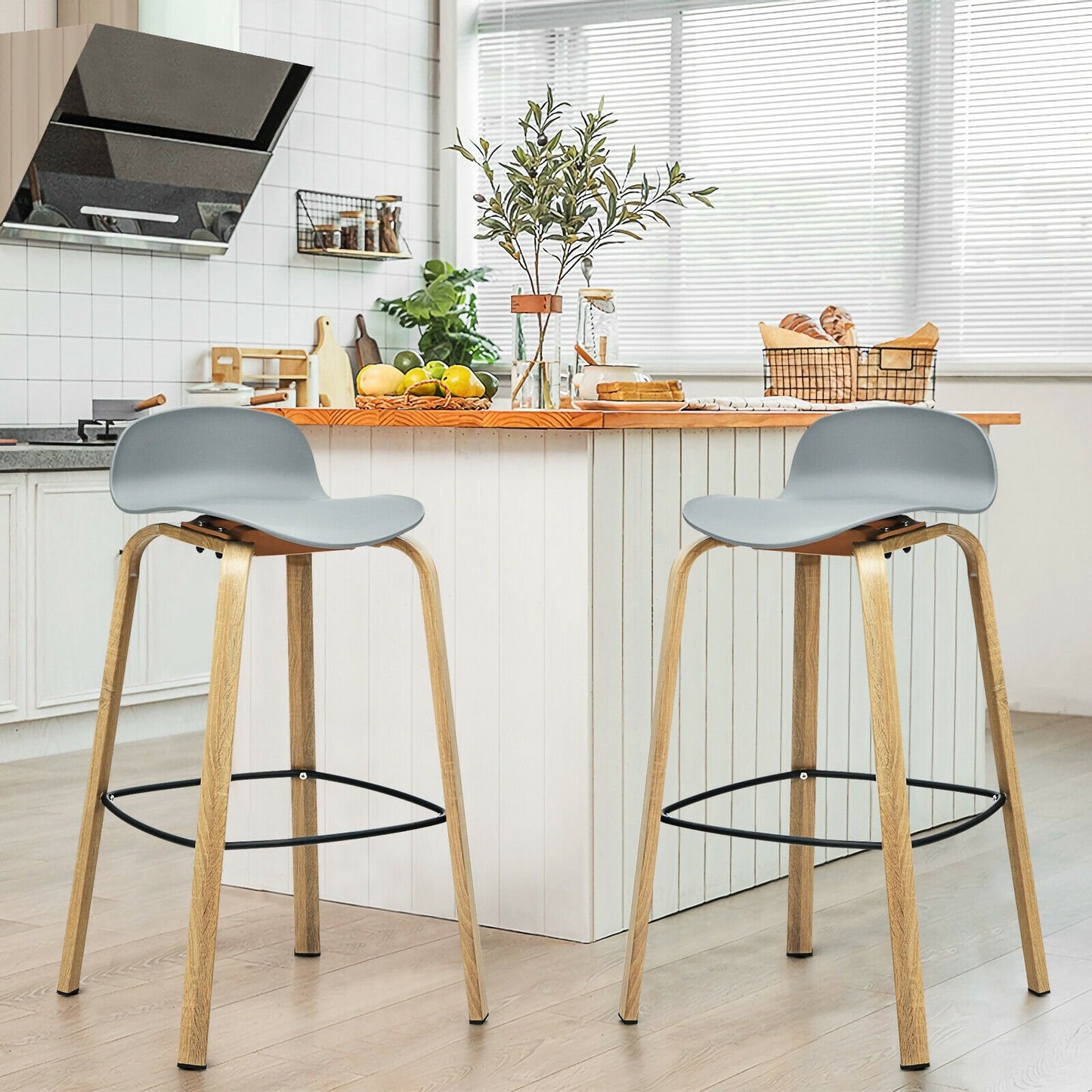Set of 2 Modern Barstools Pub Chairs with Low Back and Metal Legs-Black