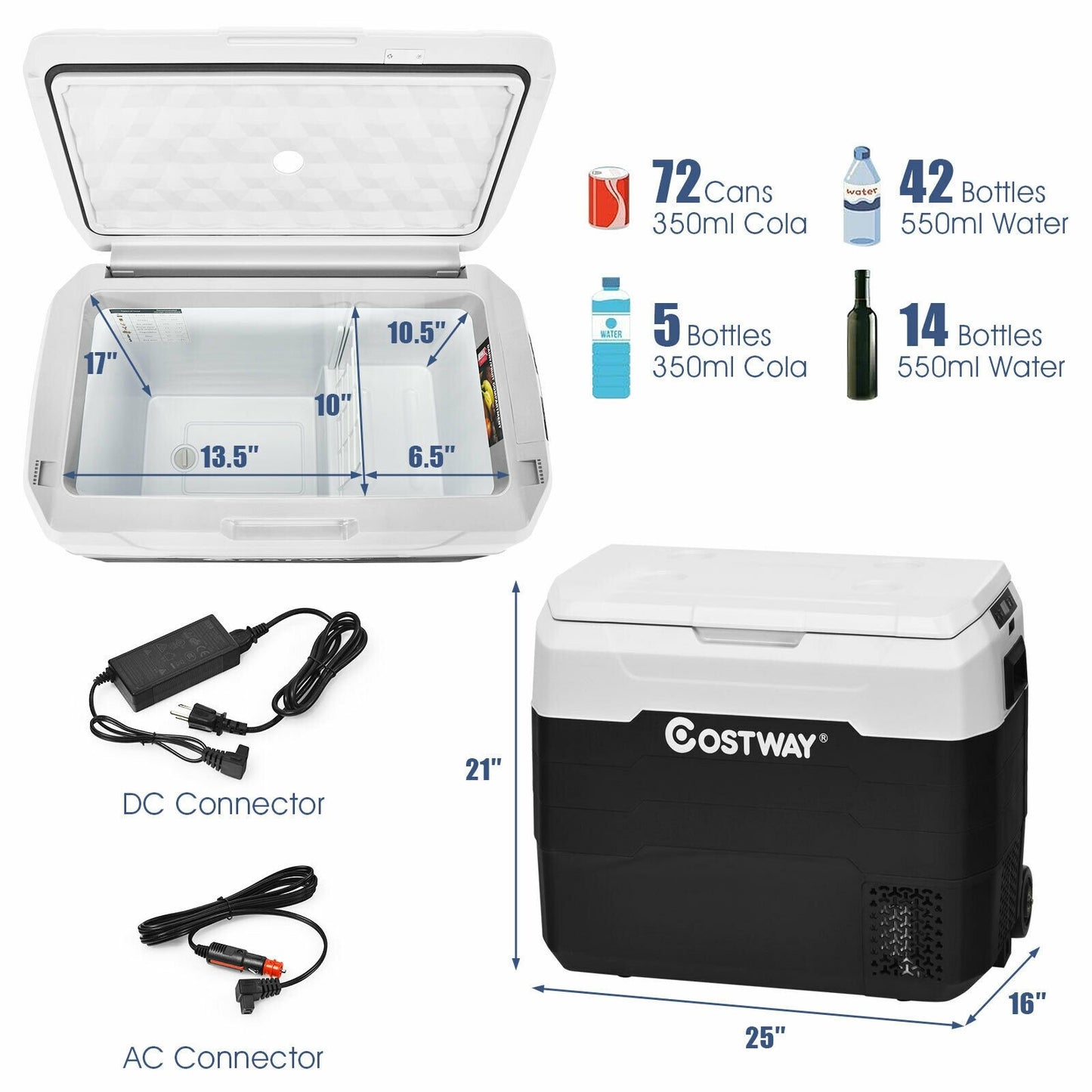 53 QT Portable Dual-Zone Car Refrigerator-White