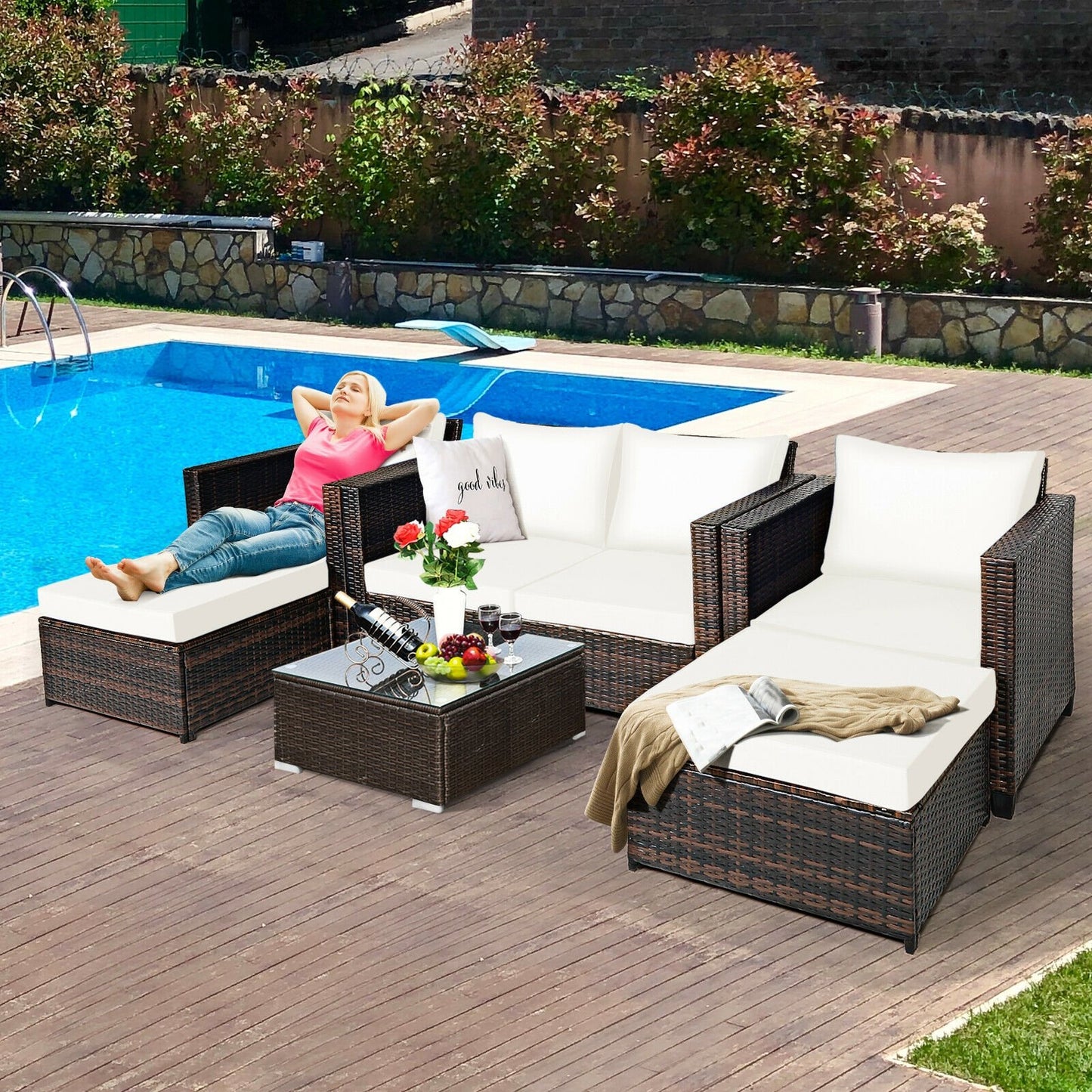 5 Pieces Patio Cushioned Rattan Furniture Set-Black