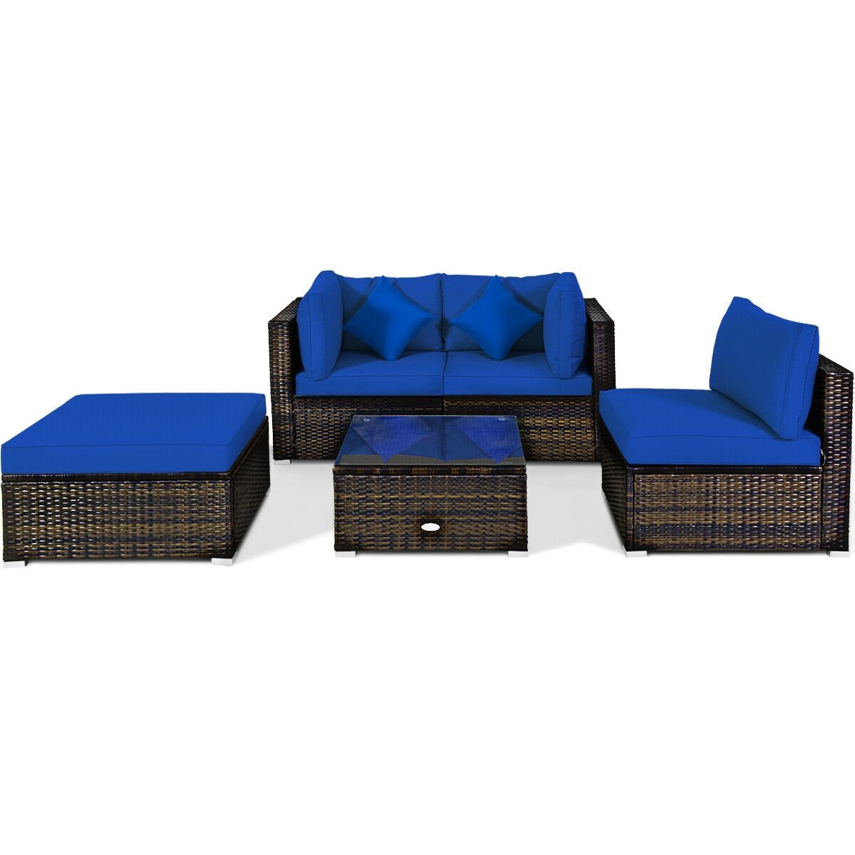5 Pieces Outdoor Patio Rattan Furniture Set Sectional Conversation with Cushions-Beige