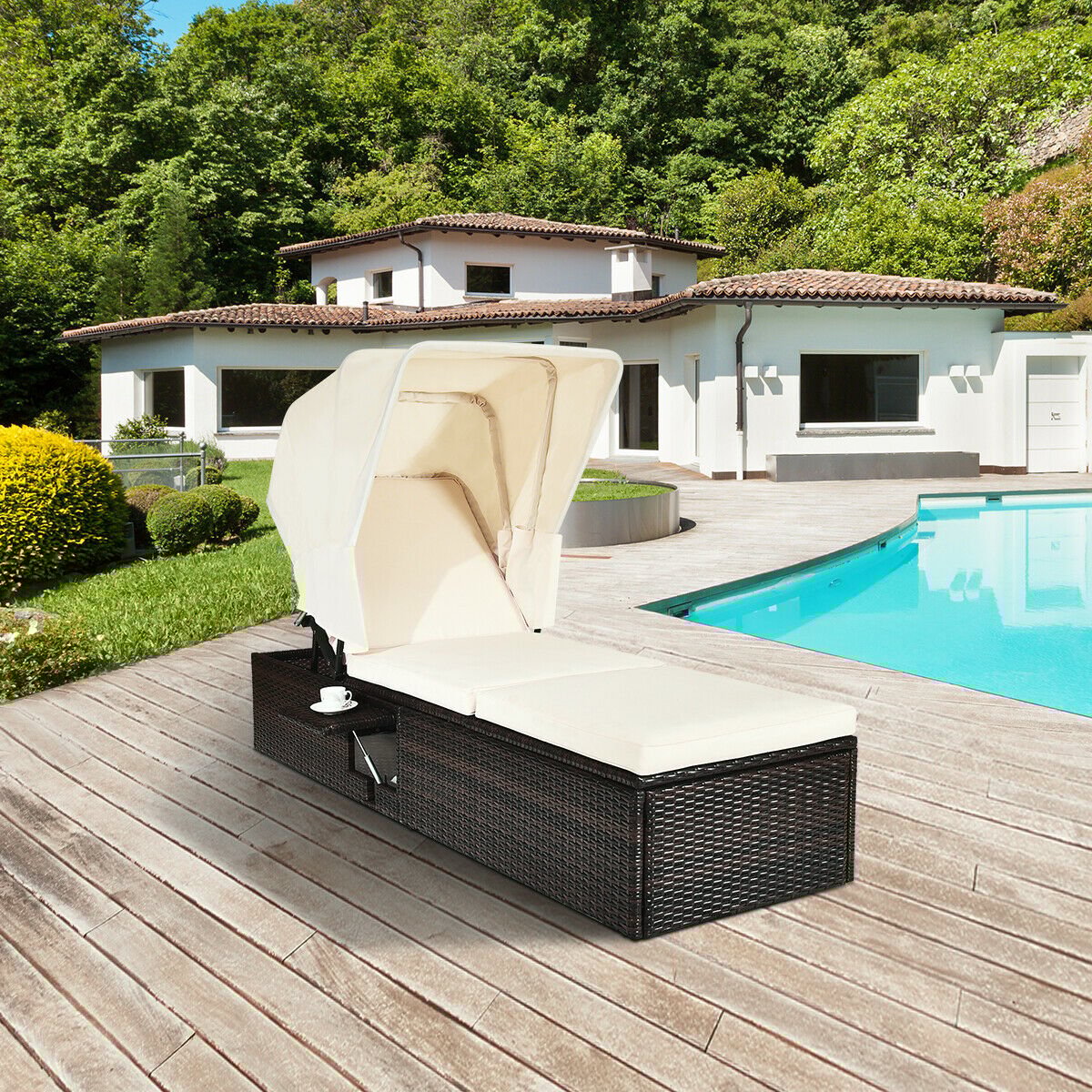 Outdoor Chaise Lounge Chair with Folding Canopy-Turquoise