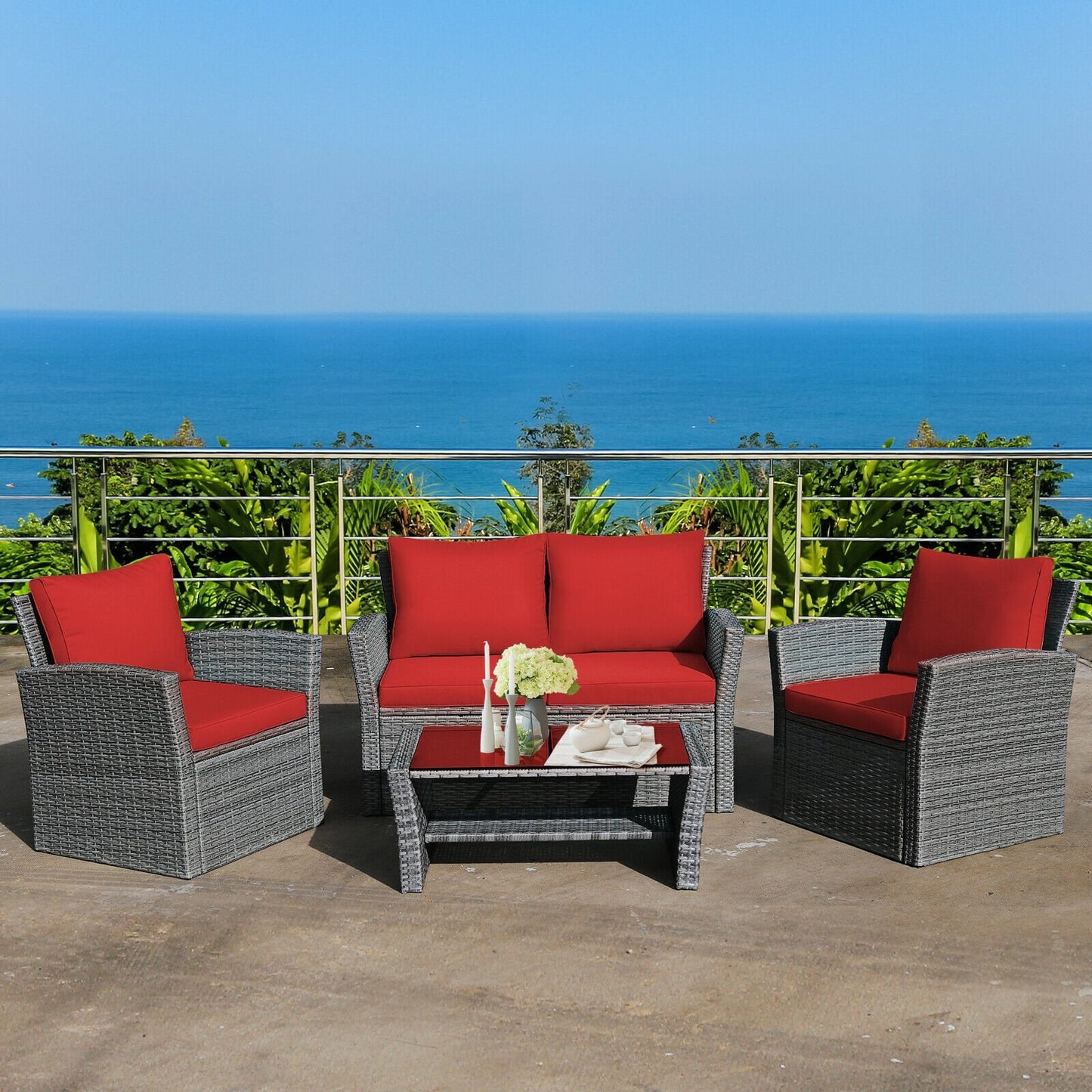 4 Pieces Patio Rattan Furniture Set Sofa Table with Storage Shelf Cushion-Beige