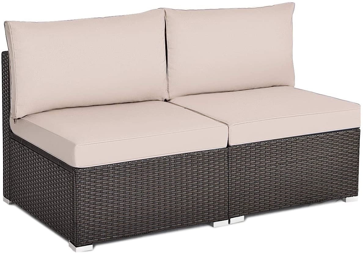 2 Pieces Patio Rattan Armless Sofa Set with 2 Cushions and 2 Pillows-Black