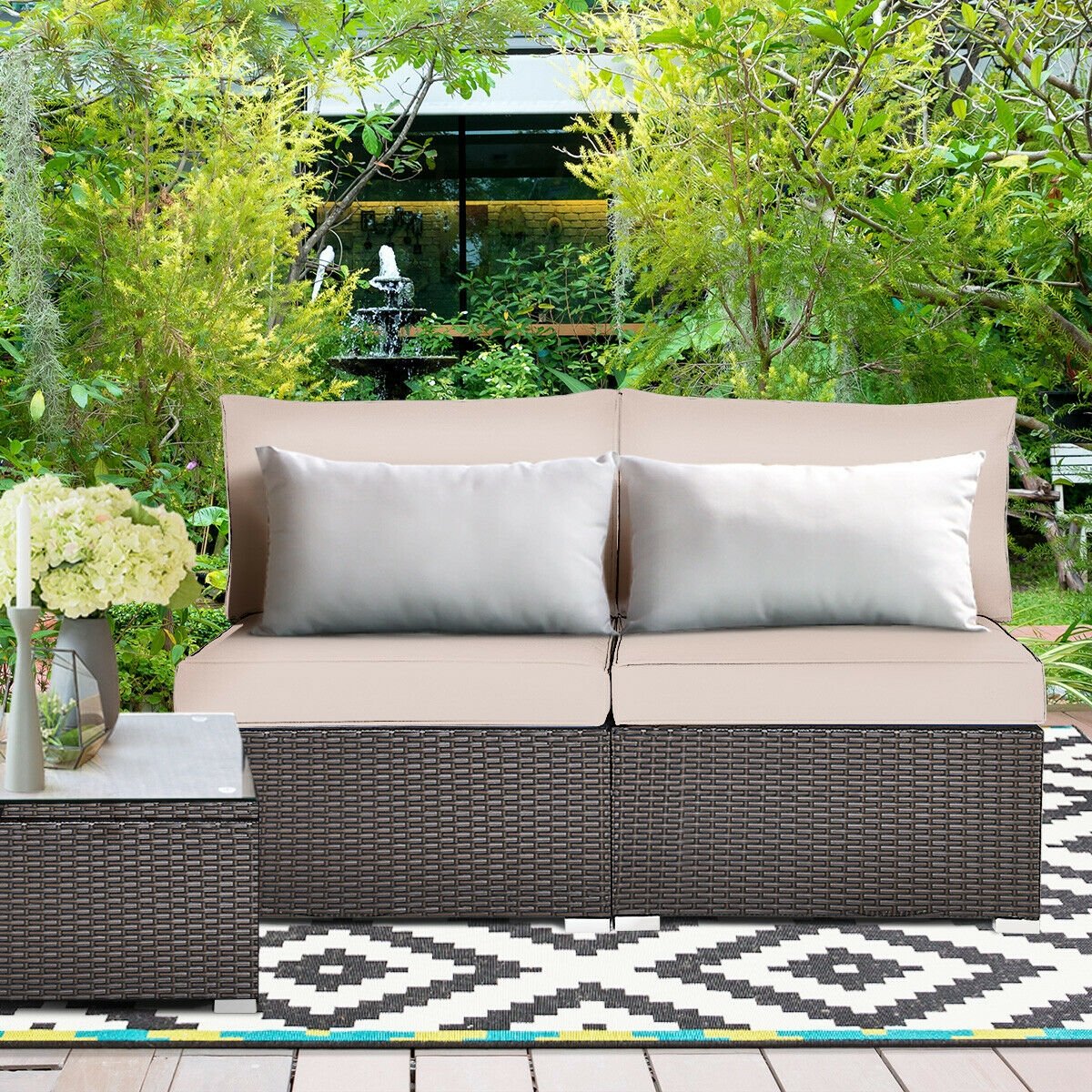 2 Pieces Patio Rattan Armless Sofa Set with 2 Cushions and 2 Pillows-Black