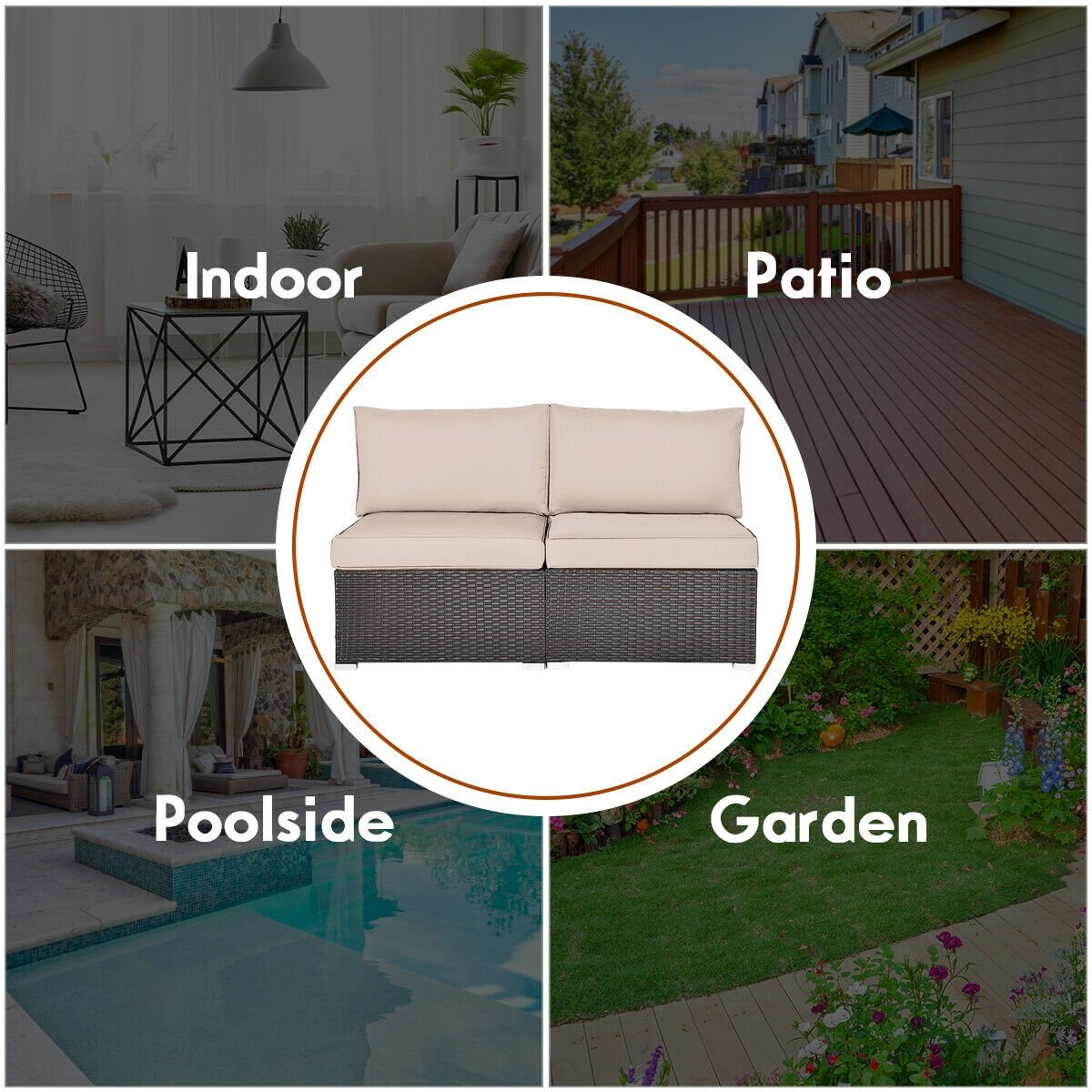 2 Pieces Patio Rattan Armless Sofa Set with 2 Cushions and 2 Pillows-Black