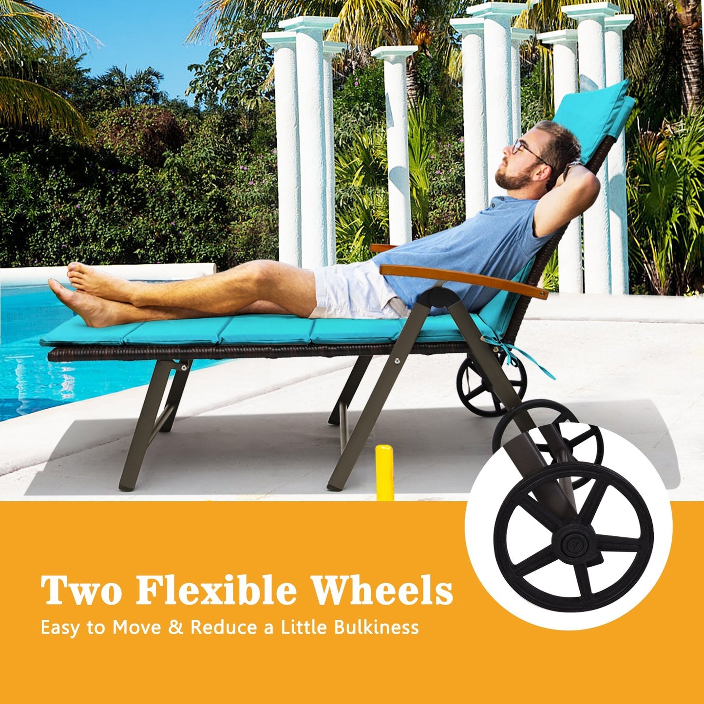 Outdoor Chaise Lounge Chair Rattan Lounger Recliner Chair-Beige