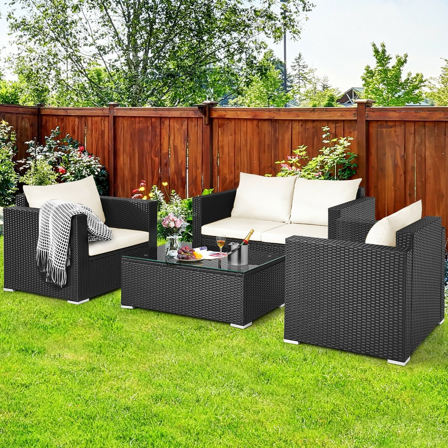 4 Pcs Patio Rattan Cushioned Furniture Set-Dark Black