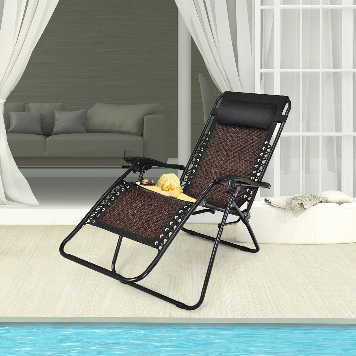 Folding Rattan Zero Gravity Lounge Chair with Removable Head Pillow-Brown