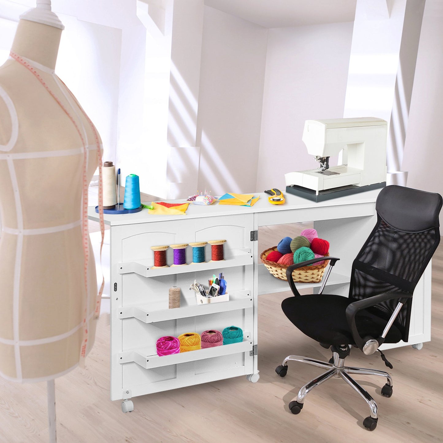 Folding Sewing Table Shelves Storage Cabinet Craft Cart with Wheels-Natural