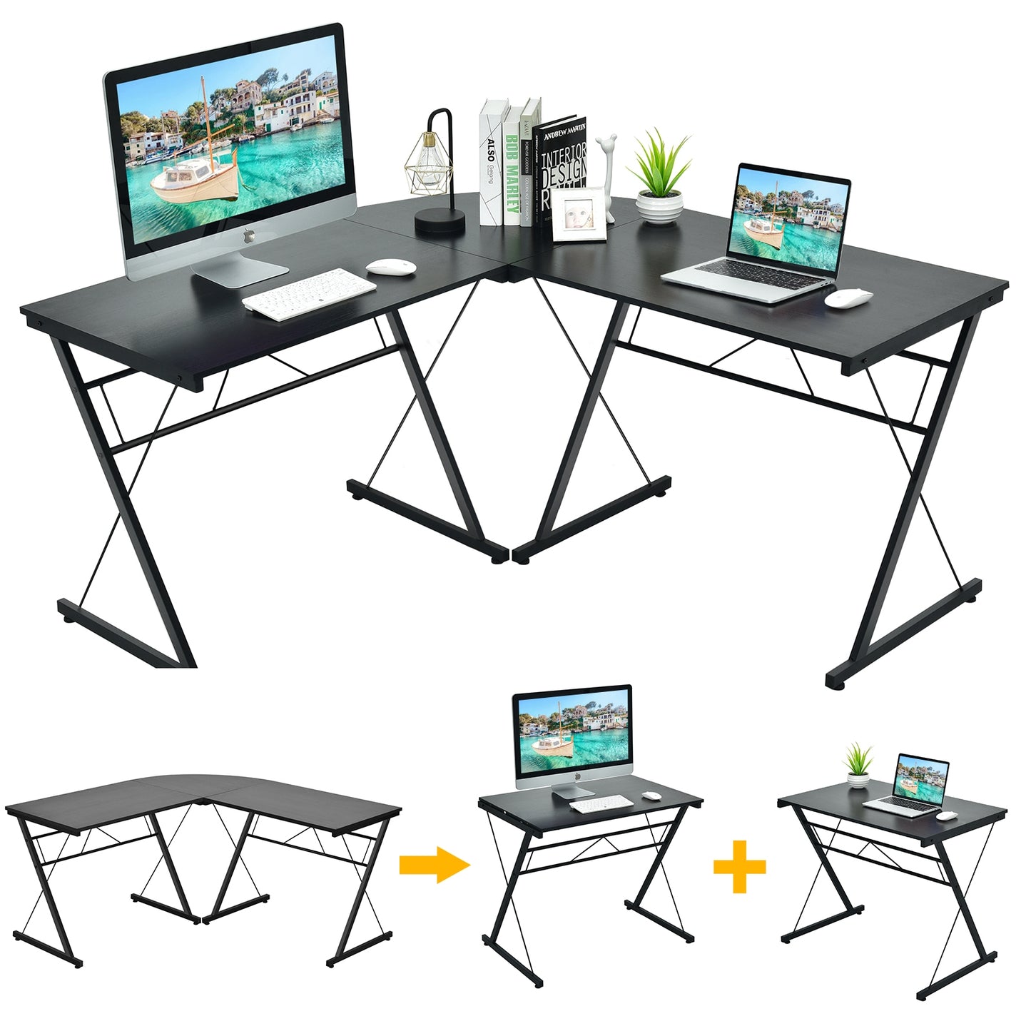 59 Inch L-Shaped Corner Desk Computer Table for Home Office Study Workstation-Black