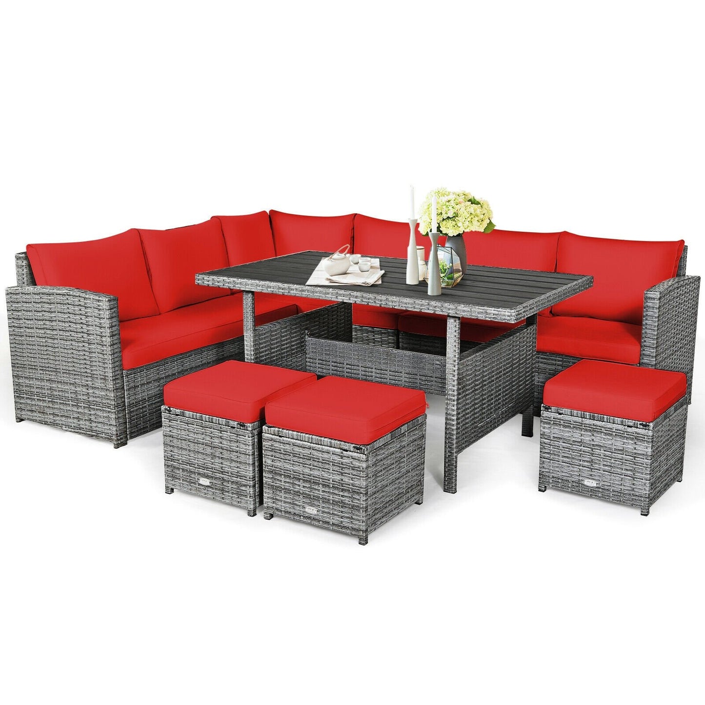 7 Pcs All-Weather Patio Rattan Dining Furniture Sectional Sofa Set with Wicker Ottoman and Cushed Couch-Off White