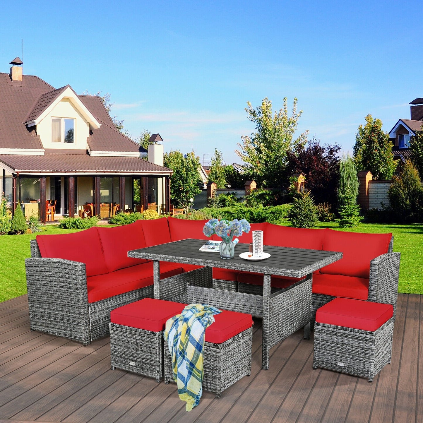 7 Pcs All-Weather Patio Rattan Dining Furniture Sectional Sofa Set with Wicker Ottoman and Cushed Couch-Off White
